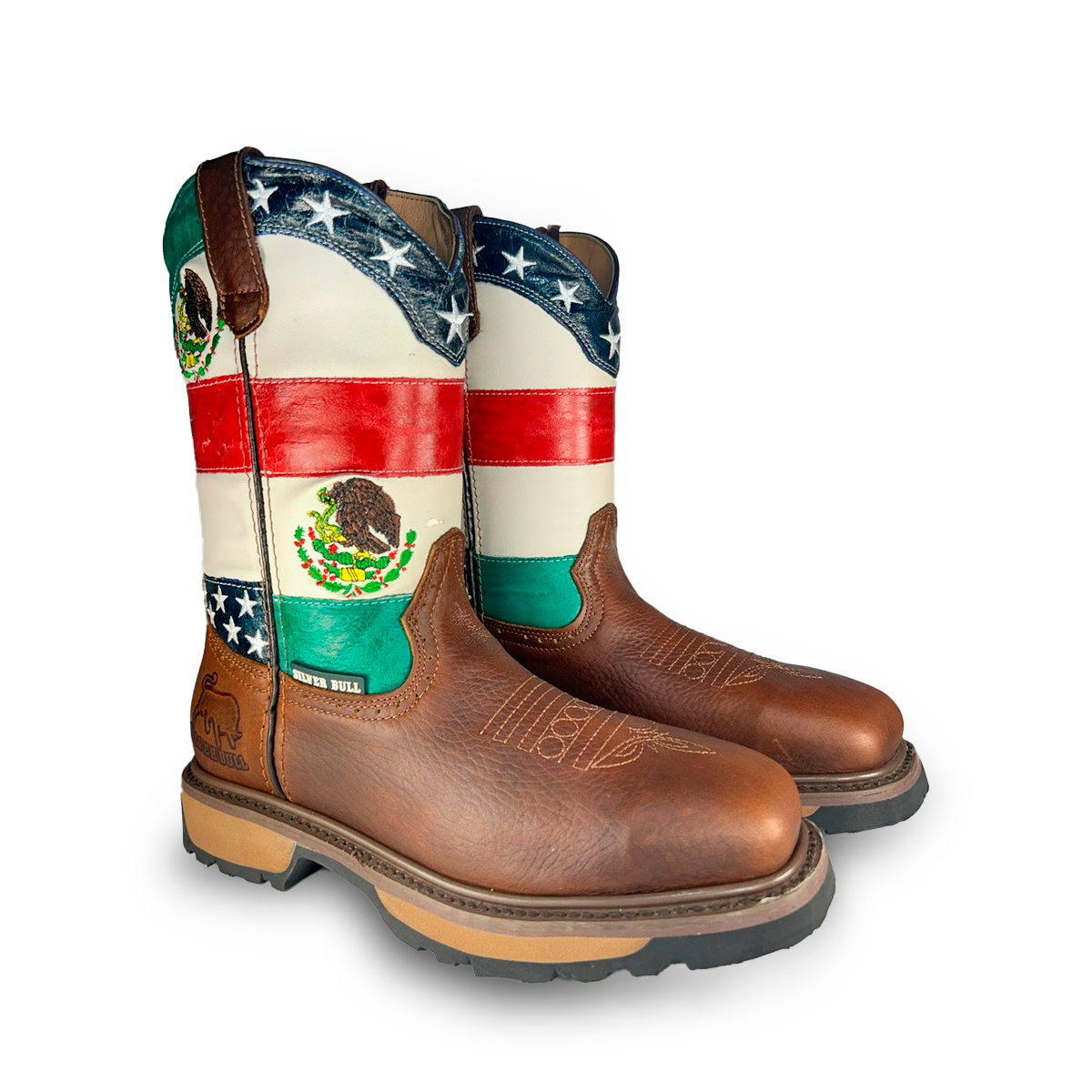 Bota rodeo de trabajo Estilo 5946 Color ocre Tubo Bandera USA/MX Con casco de acero Suela Force Silver Bull