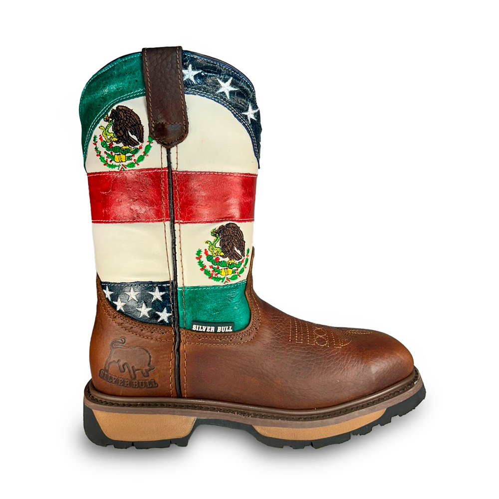 Bota rodeo de trabajo Estilo 5946 Color ocre Tubo Bandera USA/MX Con casco de acero Suela Force Silver Bull