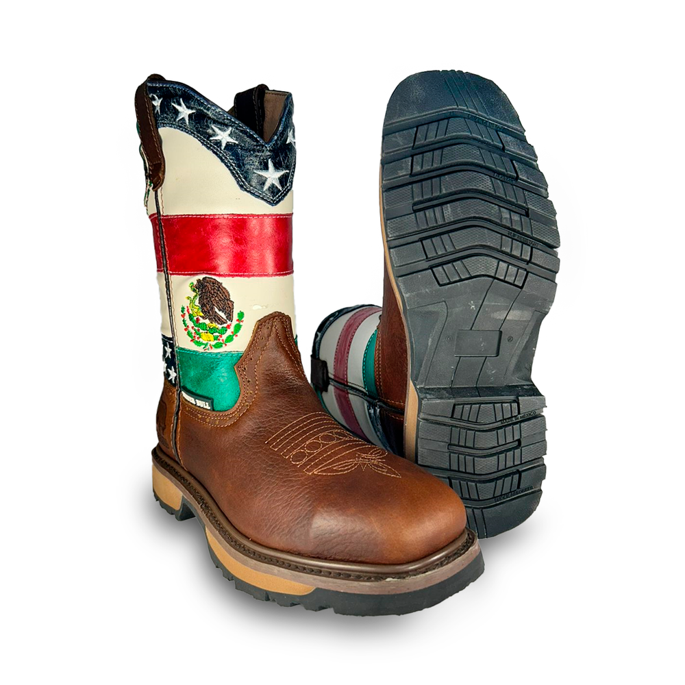 
                      
                        Bota rodeo de trabajo Estilo 5946 Color ocre Tubo Bandera USA/MX Con casco de acero Suela Force Silver Bull
                      
                    